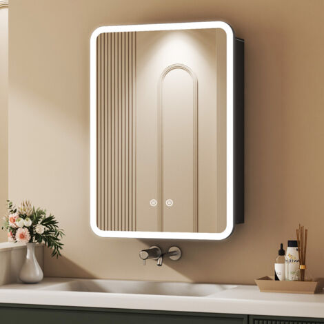 Spiegelschrank mit Beleuchtung 40 x 60 cm, Bad-Hängeschränke Spiegelschrank Bad mit Beleuchtung Badezimmer Spiegelschrank mit Touch-Schalter, 3 Einstellbare Lichtfarben, Beschlagfrei, Schwarz