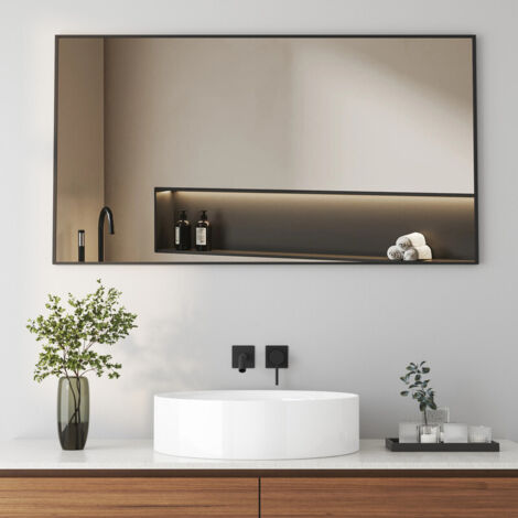 100x70 cm Rechteckiger Wandspiegel, Badezimmerspiegel mit Schwarz Aluminiumrahmen, Schwarzer Spiegel für Bad, Schlafzimmer, Wohnzimmer
