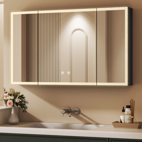 3 Türen Spiegelschrank mit Beleuchtung 90x60cm Aluminium LED Spiegelschrank Bad mit Beleuchtung Badezimmerschrank, Badschrank Hängeschränke Spiegel Kabinett mit 3-Farben Dimmbar, Beschlagfrei