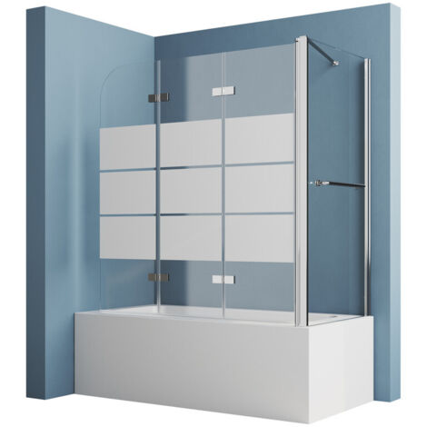 Badewannenaufsatz mit Seitenwand 75x120x140cm Duschwand für Badewanne mit Seitenwand Duschwand Badewanne 3-teilig faltbar Duschabtrennung Duschtrennwand Badewanne, Gestreift glas