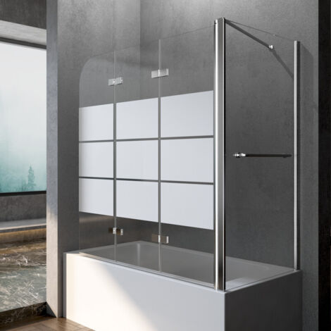 Badewannenaufsatz mit Seitenwand für 70 cm Badewanne Duschwand für Badewanne 120 x 70 x 140 cm Eck Duschwand Badewanne 3-teilig Faltbar Duschabtrennung Duschtrennwand 6 mm Gestreift Glas