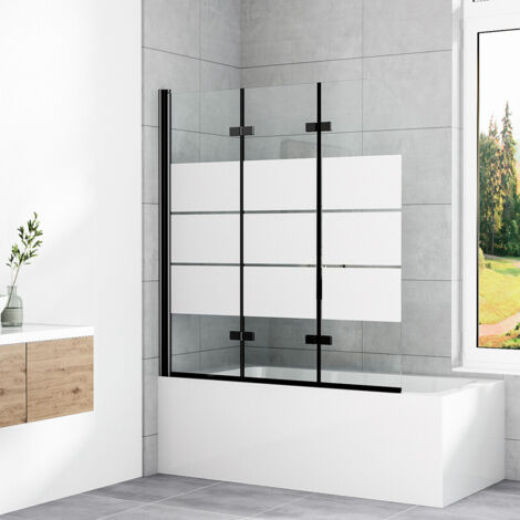 Badewannenaufsatz 140x140cm Schwarz Duschwand für Badewanne Duschabtrennung Badewanne, Duschwand Badewanne 3-teilig Faltbar Badewannenaufsatz Duschtrennwand, 6mm ESG Glas mit Milchglas Streifen