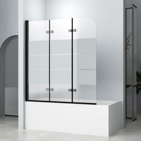 Badewannenaufsatz 130x140cm Schwarz Duschwand für Badewanne Duschabtrennung Badewanne, Duschwand Badewanne 3-teilig Faltbar Badewannenaufsatz Duschtrennwand, 6mm ESG Glas mit Milchglas Streifen