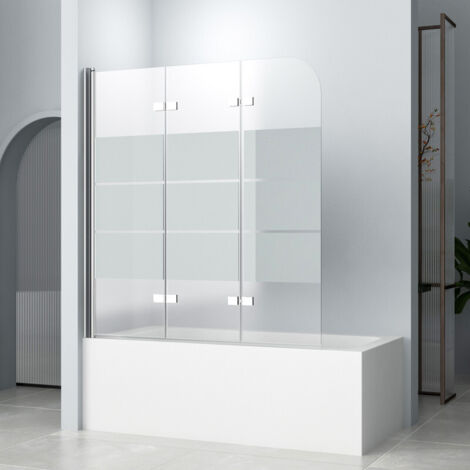 Badewannenaufsatz 120x140cm Duschwand für Badewanne Duschabtrennung Badewanne, Duschwand Badewanne 3-teilig Faltbar Badewannenaufsatz Duschtrennwand, 6mm ESG Glas mit Milchglas Streifen