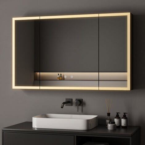 100 x 60 cm 3 Türen Spiegelschrank Bad mit Beleuchtung LED Spiegelschrank mit Beleuchtung Badspiegel Schwarz mit Beleuchtung Badschrank Hängeschränke mit 3 Einstellbare Lichtfarben Beschlagfrei, Schwa