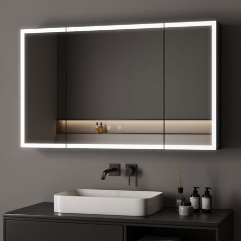 100 x 60 cm 3 Türen Spiegelschrank Bad mit Beleuchtung LED Spiegelschrank mit Beleuchtung Badspiegel Schwarz mit Beleuchtung Badschrank Hängeschränke mit 3 Einstellbare Lichtfarben Beschlagfrei, Schwa