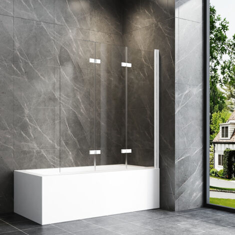 130x140cm Weiß Badewannenaufsatz 3-teilig Duschtrennwand für Badewanne Duschwand Badewanne Faltwand Duschabtrennung Badewanne, 6mm ESG Glas