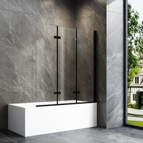 130x140cm Schwarz Badewannenaufsatz 3-teilig Duschtrennwand für Badewanne Duschwand Badewanne Faltwand Duschabtrennung Badewanne, 6mm ESG Glas