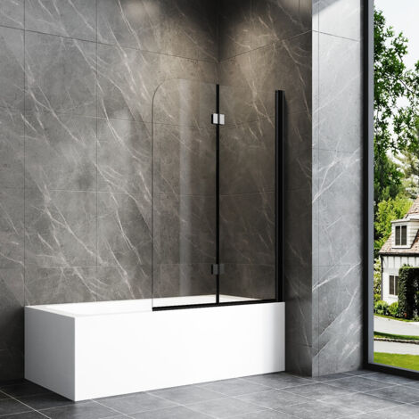 120x140cm Schwarz Badewannenaufsatz 2-teilig Duschtrennwand für Badewanne Duschwand Badewanne Faltwand Duschabtrennung Badewanne, 6mm NANO ESG Glas