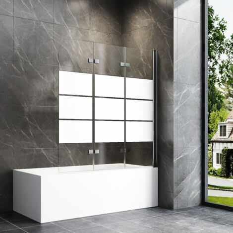 140x140cm Badewannenaufsatz 3-teilig Duschtrennwand für Badewanne Duschwand Badewanne Faltwand Duschabtrennung Badewanne, 6mm ESG Glas mit Milchglas Streifen, silberfarben