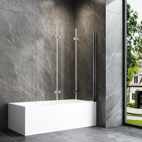 130x140cm Badewannenaufsatz 3-teilig Duschtrennwand für Badewanne Duschwand Badewanne Faltwand Duschabtrennung Badewanne, 6mm ESG Glas, silberfarben