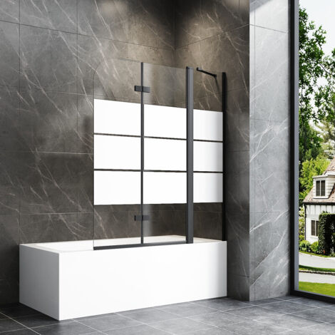 160x140cm Schwarz Badewannenaufsatz 3-teilig Duschtrennwand für Badewanne Duschwand Badewanne mit festem Segment, Faltwand Duschabtrennung Badewanne, 6mm ESG Glas mit Milchglas Streifen