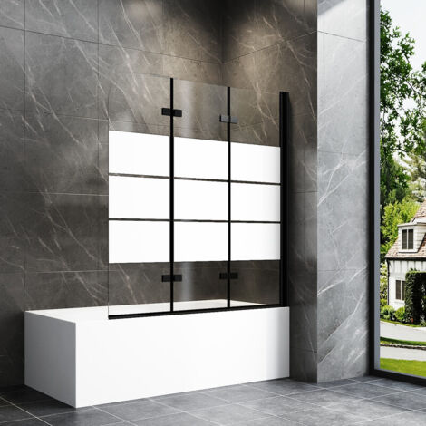120x140cm Schwarz Badewannenaufsatz 3-teilig Duschtrennwand für Badewanne Duschwand Badewanne Faltwand Duschabtrennung Badewanne, 6mm ESG Glas mit Milchglas Streifen