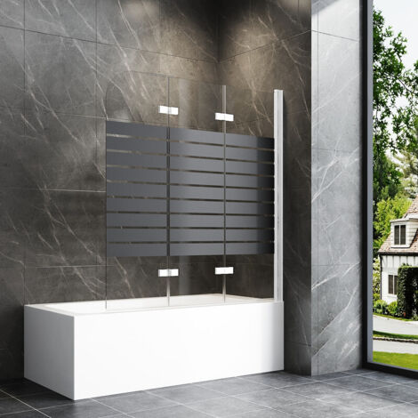 120x140cm Weiß Badewannenaufsatz 3-teilig Duschtrennwand für Badewanne Duschwand Badewanne Faltwand Duschabtrennung Badewanne, 6mm ESG Glas mit schwarzen Streifen