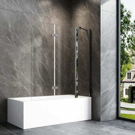 150x140cm Badewannenaufsatz 3-teilig Duschtrennwand für Badewanne Duschwand Badewanne mit festem Segment, Faltwand Duschabtrennung Badewanne, 6mm ESG Glas, silberfarben