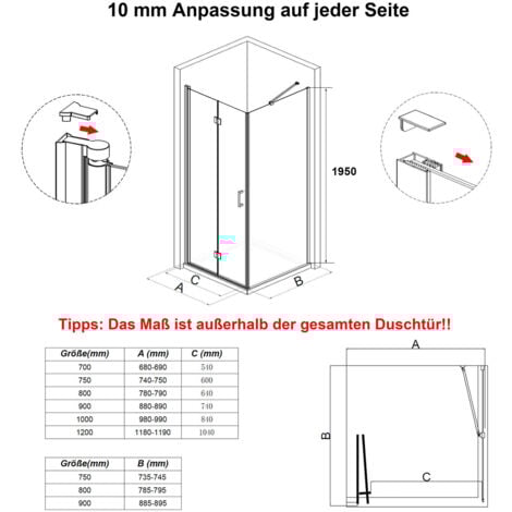 Duschkabine mit Seitenwand 90x90cm Eckeinstieg Falttür Duschwand Glas 195cm Duschabtrennung Dusche ESG Nano-Beschichtung