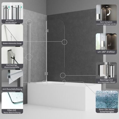 Duschwand Badewanne Faltbar 2-teilig 110x140cm Glas Badewannenaufsätze Duschtrennwand Duschabtrennung