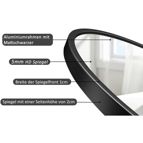 Wandspiegel Spiegel mit Rundbogen 50x80cm mit Metall Rahmen Matt Schwarz. Badezimmerspiegel Wand Spiegel HOCH und QUER Montage möglich. Ovaler Großer Designerspiegel mit schwarzem Rahmen