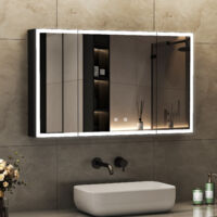 3 Türen Spiegelschrank mit Beleuchtung 90 x 60 cm, Bad-Hängeschränke LED Spiegelschrank Bad mit Beleuchtung, Touch-Schalter, 3 Einstellbare Lichtfarben, Beschlagfrei, Schwarz