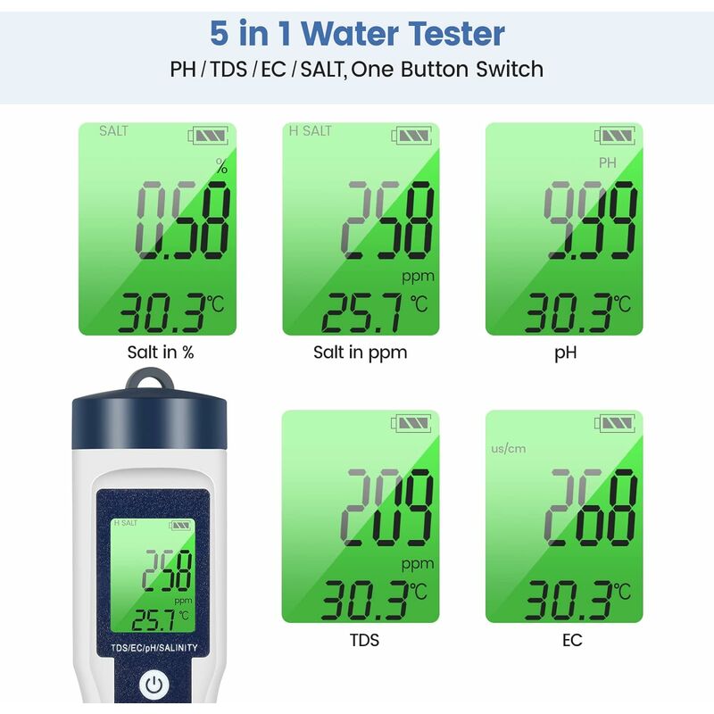 PH TDS Meter, testeur de qualité de l'eau 5 en 1 PH/TDS/EC/SEL