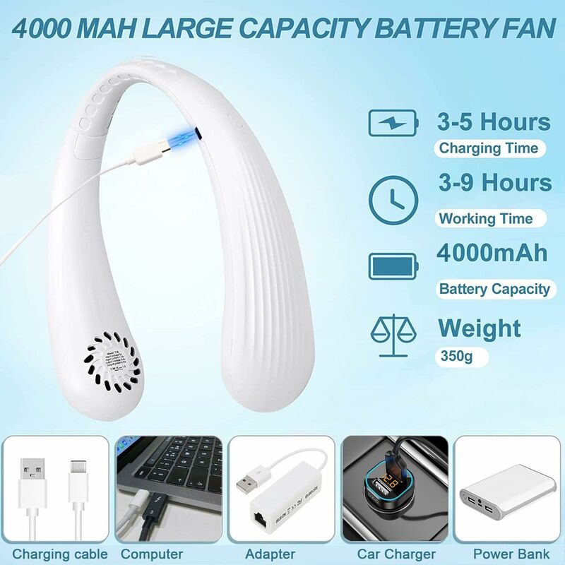 4000mAh blanc - ventilateur de cou Portable électrique sans fil