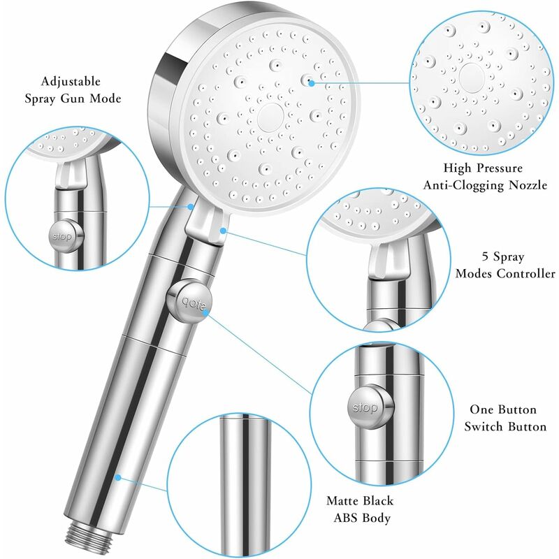 Magichome Pommeau de Douche Haute Pression avec Tuyau 2 M, Douchette Douche  Salle de Bain avec 5 Modes de Pulvérisation, Design Turbocompressé, Pomme  de Douche Economie Deau pour Basse Pression d'Eau en