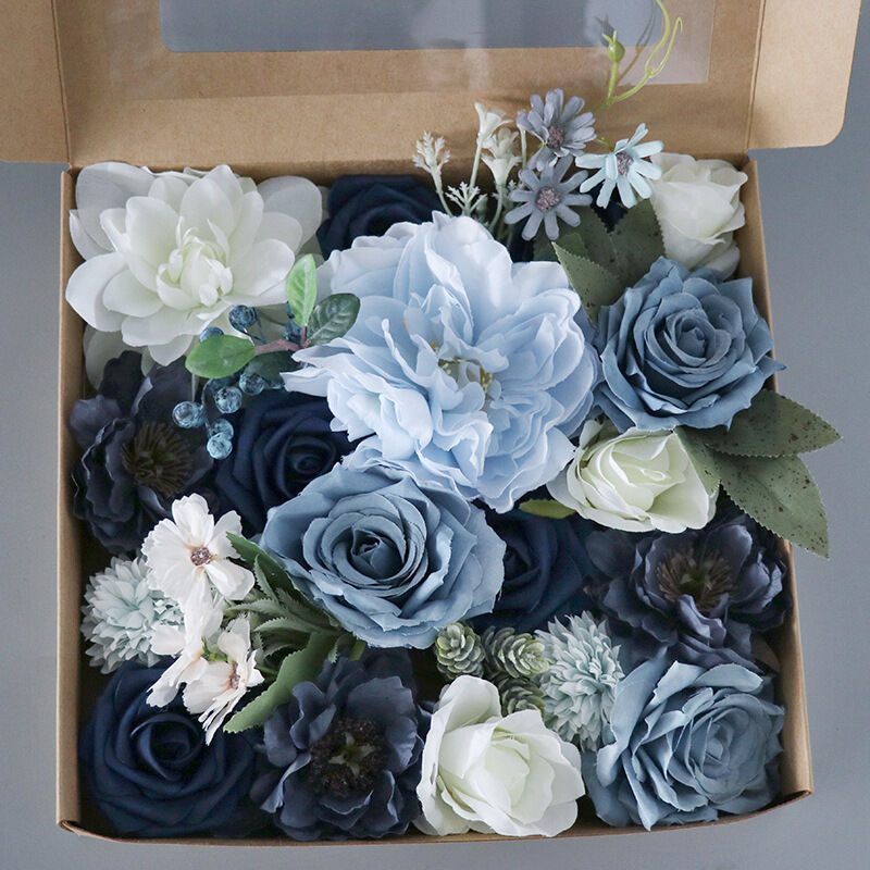 Lot de 12 roses et feuilles en papier bleu marine sur tige