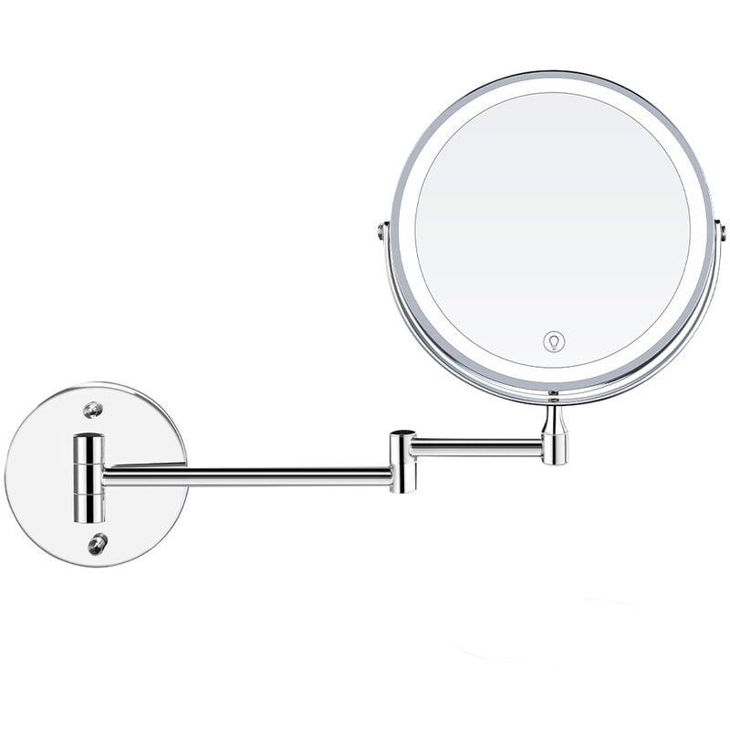 8 Pouces LED Miroirs Maquillage Mural Miroir Grossissant Lumineux, 1x/10x  Grossissement Charge USB Réglable à 3 Couleurs, 360°Pivotant Extensible,  pour Salles de Bain et Famille