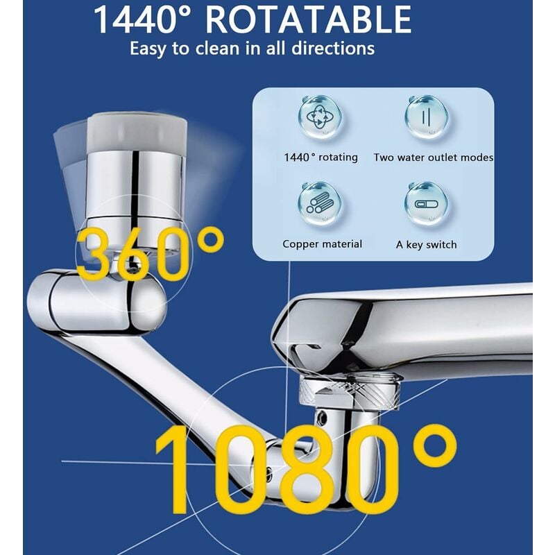 Rallonge de robinet, aérateur de robinet amélioré à 1440 °, filtre  anti-éclaboussures universel 2 modes de pulvérisation aérateur de robinet  pivotant pour cuisine salle de bain (argent)