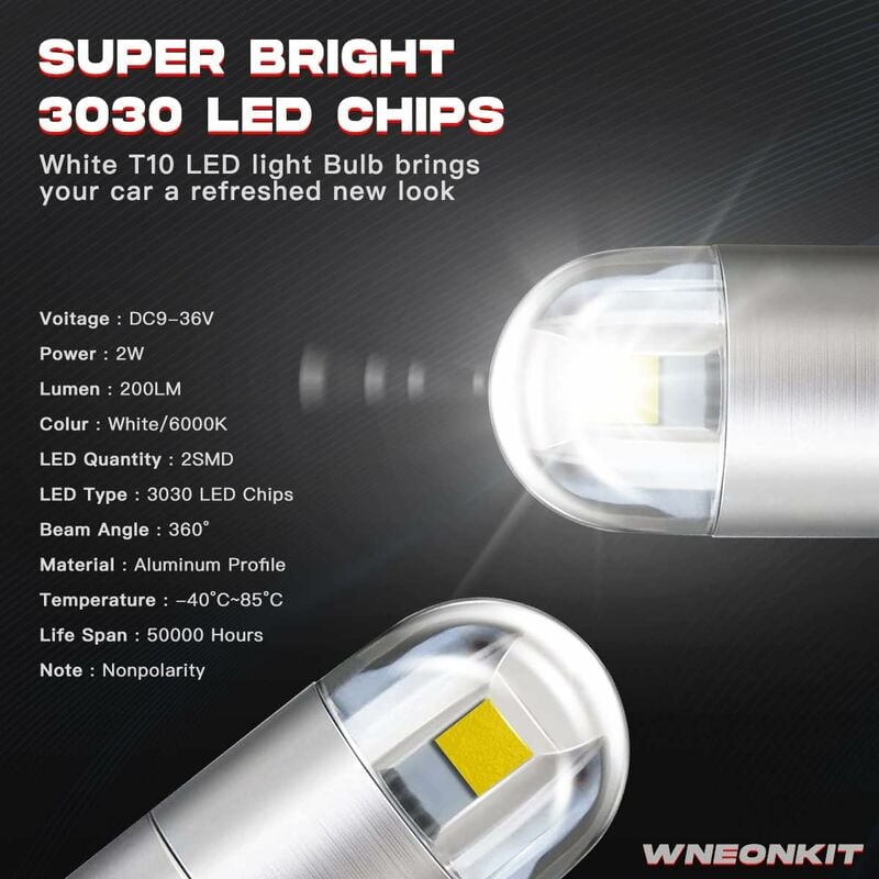 2 pièces T10 194 W5W ampoule LED 12V COB clignotant 6000K blanc 168 501  2825 ampoules LED pour éclairage intérieur de voiture carte lumière plaque
