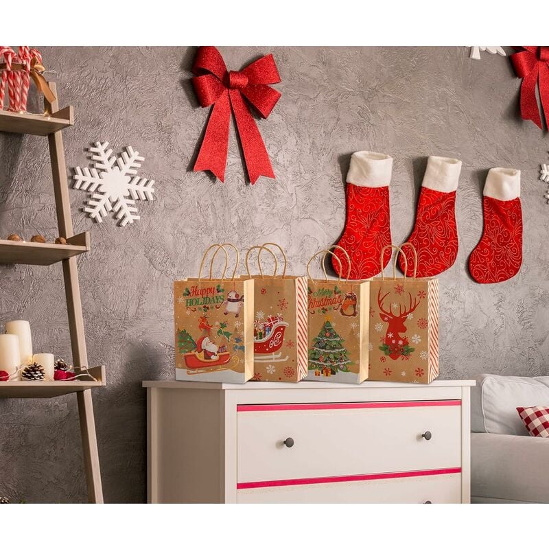 Sacs Cadeaux de Noël,12 Pièce Sac Cadeau Noel en Papier Kraft Pochette Cadeau  Noel Reutilisable Sac Papier Cadeau Noel avec Poignée Pochettes de NoëL Sac  en Papier pour Cadeau Bonbons Biscuits