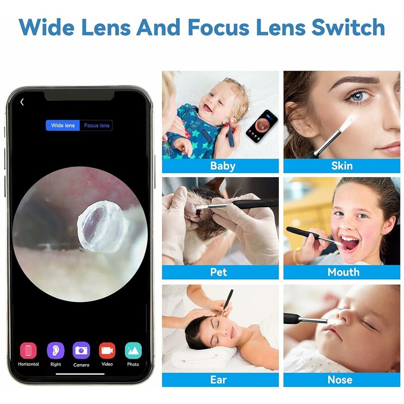 Otoscope Oreille, Endoscope Oreille HD Visuelle Caméra avec 6 LED Lumière  Gradable, Adultes Enfants Animaux Nettoyage