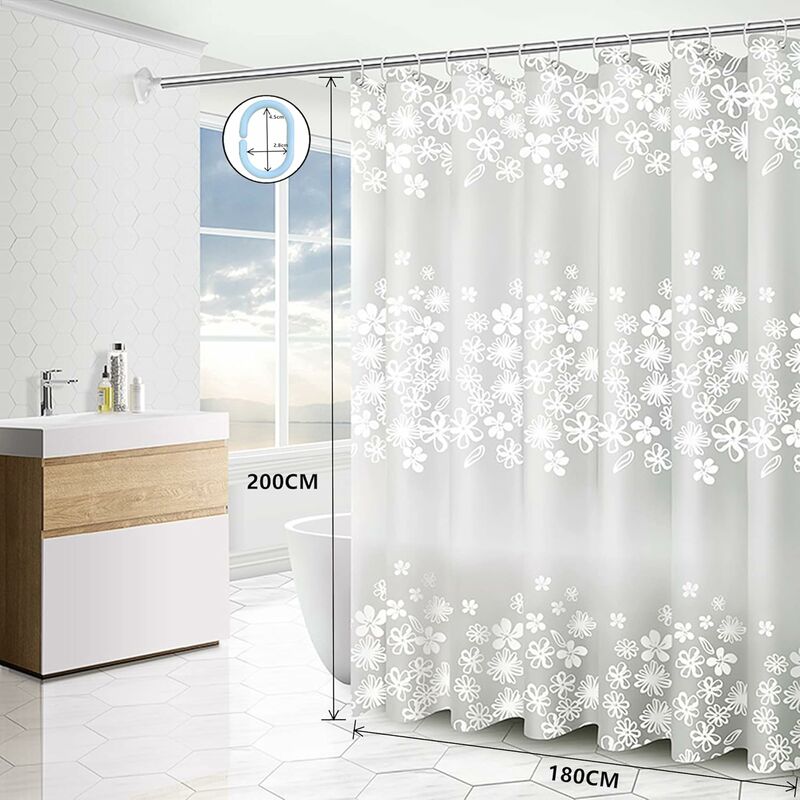 180 x 200cm blanc - rideau imperméable et lavable, rideau de douche  translucide avec 12 crochets