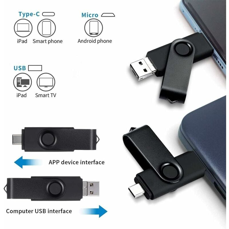 Clé USB 64Go, Flash Drive 64Go OTG 2 en 1 Type C Pendrive USB 2.0 Mémoire  Stick pour PC, Tablette, Smartphone (Noir)