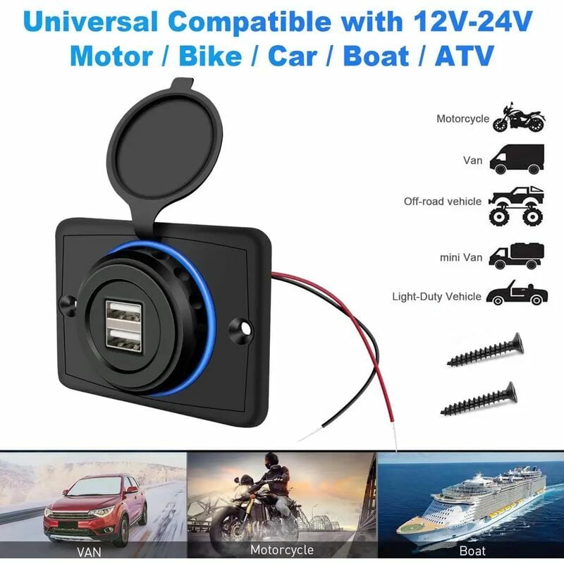  Double prise USB encastrable 12/24 V 2,1 A 5 V Convient pour  caravane, camping-car, voiture, bateau, camion