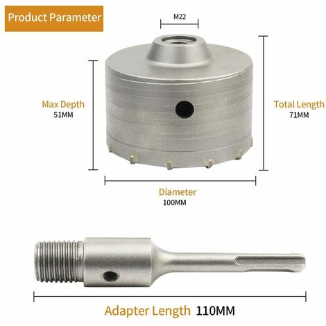 Scie à Cloche Trépan Béton avec Adaptateur SDS Plus 110 mm, Pour Brique Béton Ciment Pierre (100mm+110mm SDS Plus Adaptateur)