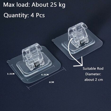 4 Crochets Supports Rideau Auto-adhésifs Sans Perçage - Pour Tringle 15-20 Mm, Charge 10 Kg - Transparent