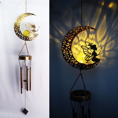 1 Pack Carillons éoliens Solaire Mobile LED Lune Fleur Fée Lampe Suspendue  Étanche Décoration Extérieure Jardin