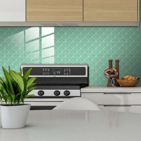 Credence Adhesive pour Cuisine Brique Palme Hellgrün 10 Pcs Stickers Muraux Salle de Bains Cuisine Carrelage Adhesif Mural avec Motifs de Carrelage Dalle Pvc Adhesive Murale M : 15 x 15 cm
