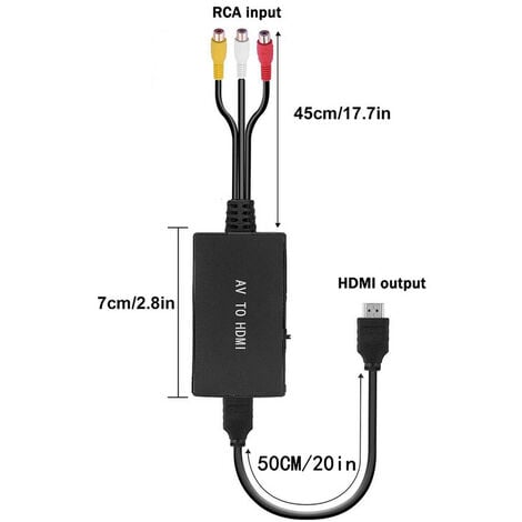 1 noir Adaptateur RCA vers HDMI, convertisseur AV vers HDMI, entrée RCA, Sortie  vidéo, Adaptateur Audio