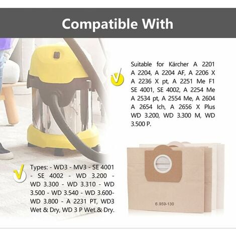Sacs Aspirateur pour Karcher 6.959-130.0 WD3 WD3P MV3 Sacs Filtrants en  Papier de Rechange pour Aspirateur Wet & Dry, Sac pour Karcher WD3 Premium
