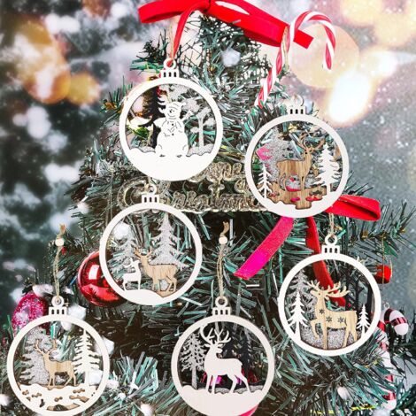 Ornements d'arbre de Noël au pays des merveilles d'hiver – Paquet de 6 ornements de Noël en bois pour décorations d'arbre de Noël d'hiver, motifs aléatoires