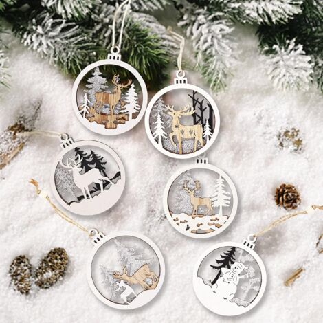 Ornements d'arbre de Noël au pays des merveilles d'hiver – Paquet de 6 ornements de Noël en bois pour décorations d'arbre de Noël d'hiver, motifs aléatoires