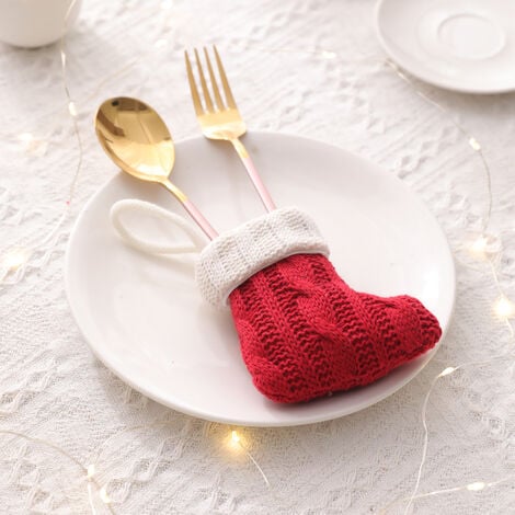 Ensemble de 4 couteaux et fourchettes de Noël rouges, mini chaussettes  tricotées, sac à couverts créatif