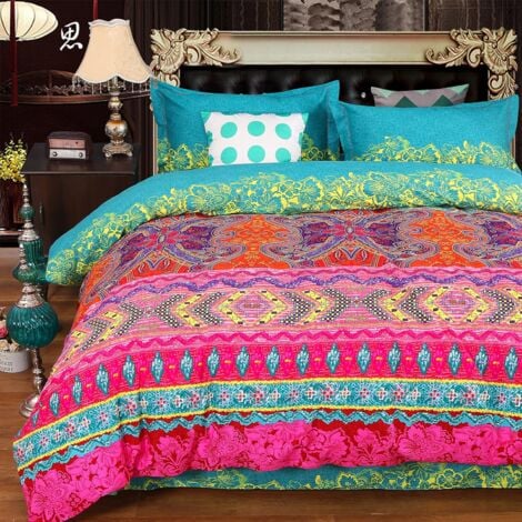 Set de 4 Pièces Parure de lit 220x240cm Style Boho/Indien avec 2 Taies  d'oreiller 48x75cm et 1 Drap de lit 250x270cm, Linge de lit 100% Coton,  Housse de Couette Adulte Boheme pour 2 Personnes