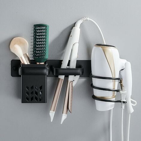 Porte Sèche Cheveux avec Range-Câbles et Rangement Support de Lisseur Noir  pour Hôtel Chambre Salle de Bain