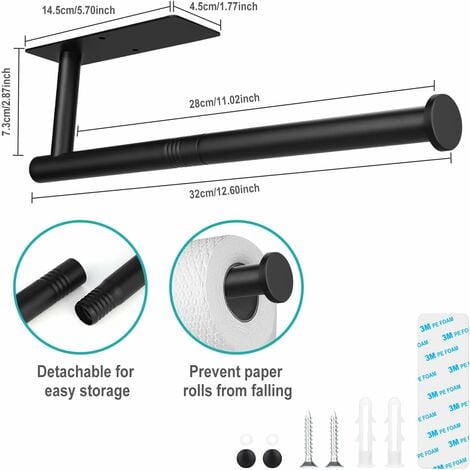 Support Porte Sopalin, Adhésif ou Perçage Porte Rouleau Papier Cuisine sous l'armoire, Acier Inoxydable Porte Essuie Tout pour Salle de Bain et de Cuisine, Noir