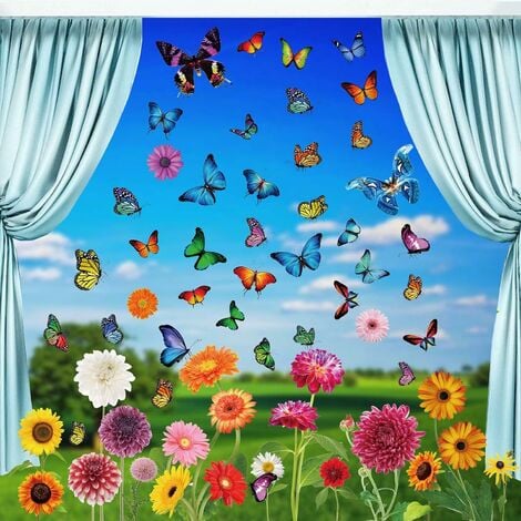Stickers fenetre 9 feuilles d'autocollants de fenêtre Printemps Film pour  Vitre réutilisables Spring auto-adhésifs Papillon Fleurs d'oiseaux  Autocollant de fenêtre pour Décorpour Vitre
