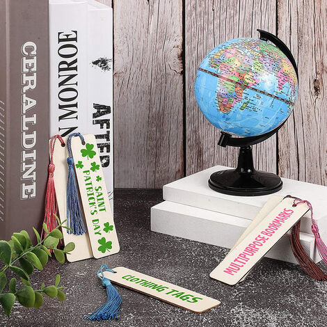 Lot de 36 marque-pages vierges en bois, 36 pompons multicolores, 12 x 3,2 cm, étiquettes rectangulaires vierges en bois avec trous et pompons