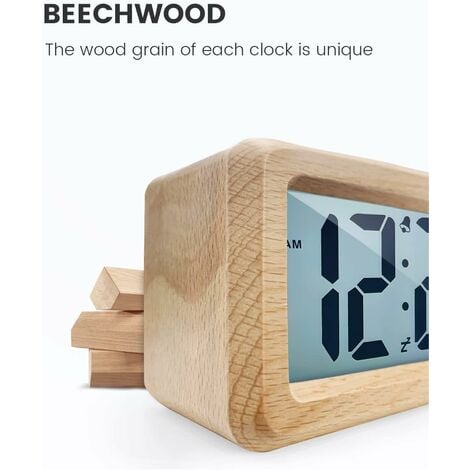 Réveil numérique, horloge de chevet en bois avec grand écran LCD